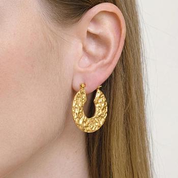 Textured 304 Stainless Steel Round Hoop Earrings for Women, Real 18K Gold Plated, 26.8x25.4mm