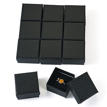 Rhombus Textured Cardboard Ring Gift Storage Boxes, Finger Ring Package Supplies, Square, Black, 5x5x3cm