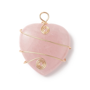 Natural Rose Quartz Copper Wire Wrapped Pendants, Heart Charms, Light Gold, 37.5~39x31~31.5x9~9.5mm, Hole: 4.5mm