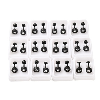 Flat Round Crystal Rhinestone Ear Fake Plugs, 304 Stainless Steel Piercing Stud Screw Earrings for Women, Black, 6mm, Pin: 1mm