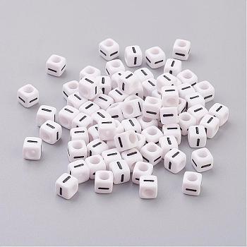 6MM Letter I Acrylic Beads, Horizontal Hole, Cube, White, Size: about 6mm wide, 6mm long, 6mm high, hole: 3.2mm, about 300pcs/50g