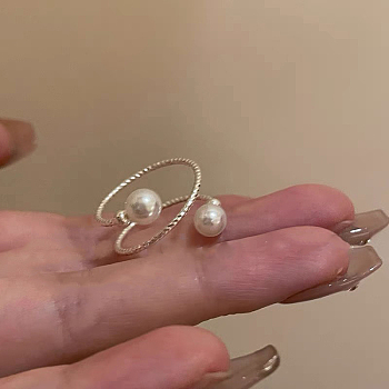Alloy with Plastic Pearl Round Bead Adjustable Cuff Open Rings for Women, Golden, Inner Diameter: Adjustable