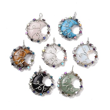 Natural & Synthetic Stone Big Pendants, with Platinum Tone Rack Plating Brass Findings and Star Non-magnetic Synthetic Hematite, Cadmium Free & Lead Free, Flat Round with Moon Charm, Mixed Dyed and Undyed, 56~58x42.5~45x10~10.5mm, Hole: 5mm
