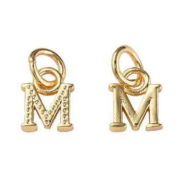 Brass Charms, with Jump Rings, Nickel Free, Textured, Letter.M, Real 18K Gold Plated, 7.5x6x1.5mm, Jump Ring: 5x1mm, 3mm inner diameter