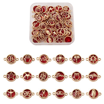 Glass Links Connectors, with Light Gold Plated Alloy Findings, Flat Round with Mixed Shapes, Dark Red, 13.5x19.5x5.5mm, Hole: 1.6mm, 36pcs/box