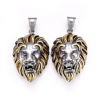 304 Stainless Steel Pendants, with Rhinestone, Lion Head, Antique Silver & Antique Golden, Mixed Color, 43x28x18mm, Hole: 10x7mm