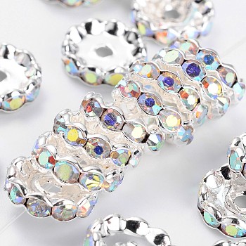 Grade A Brass Rhinestone Spacer Beads, Basketball Wives Spacer Beads for Jewelry Making, AB Color, Rondelle, Nickel Free, Clear AB, Silver Color Plated, about 12mm in diameter, 4mm thick, hole: 2.5mm