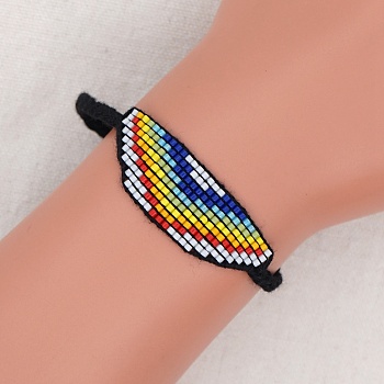 Glass Seed Wide Band with Rainbow Pattern Friendship Link Bracelet for Women, Colorful, 11 inch(28cm)