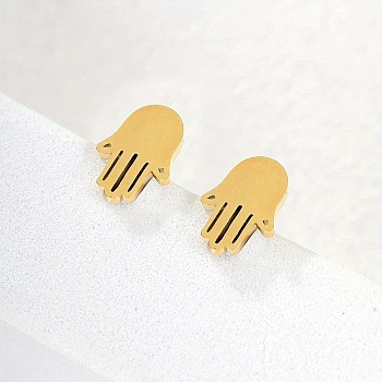 Fashionable Casual Cute Stainless Steel Hamsa Hand Women's Stud Earrings, Real 18K Gold Plated, 10x7mm