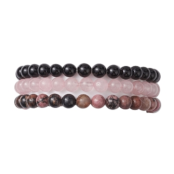 3Pcs 3 Style Natural Mixed Stone Round Beaded Stretch Bracelets, Stackable Bracelets, Inner Diameter: 2-3/8 inch(6cm), 1Pc/style