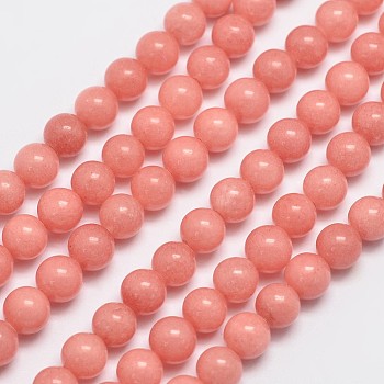 Natural Malaysia Jade Beads Strands, Imitation Rhodochrosite, Round, Dyed, Salmon, 6mm, Hole: 0.8mm, about 64pcs/strand, 15 inch