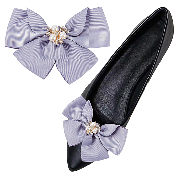 Polyester Bowknot Shoe Decorations, Iron & Plastic Imitation Pearl Detachable Shoe Buckle Clips, Lilac, 76x98x24mm
