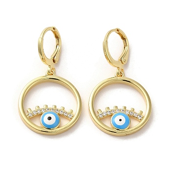 Evil Eye Real 18K Gold Plated Brass Dangle Leverback Earrings, with Enamel and Cubic Zirconia, Deep Sky Blue, 33.5x18.5mm