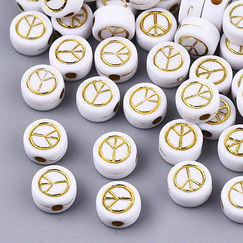 Opaque Acrylic Beads, Flat Round with Peace Sign, Golden Plated, White, 7x4mm, Hole: 1.6mm, about 3700pcs/500g