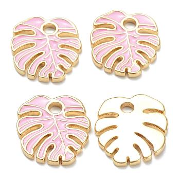 Brass Enamel Pendants, Real 18K Gold Plated, Long-Lasting Plated, Leaf, Pink, 18x16x1.5mm, Hole: 2.5mm