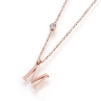 304 Stainless Steel Initial Pendant Necklaces, with Glass Rhinestone, Crystal, Rose Gold, Letter.M, 16.1~16.5 inch(41~42cm), Pendant: 11x5~8.5x1mm