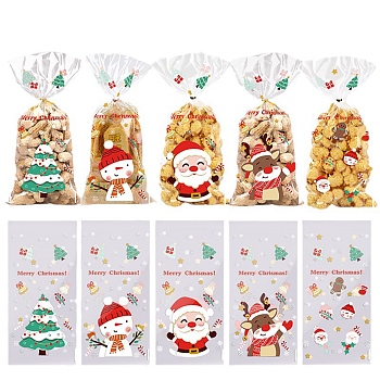 Christams Theme Self-adhesive Plastic Bakeware Bag, with Iron Wire Twist Ties, for Chocolate, Candy, Cookies, Rectangle, Mixed Color, 271x129x0.1mm, 5 styles, 10pcs/style, 50pcs/bag