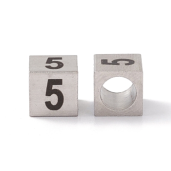303 Stainless Steel European Beads, Large Hole Beads, Cube with Number, Stainless Steel Color, Num.5, 7x7x7mm, Hole: 5mm