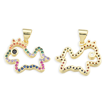 Brass Micro Pave Cubic Zirconia Pendants, with Brass Snap on Bails, Nickel Free, Real 18K Gold Plated, Horse Charm, Colorful, 15.5x18.5x2.5mm, Hole: 3.5x4mm