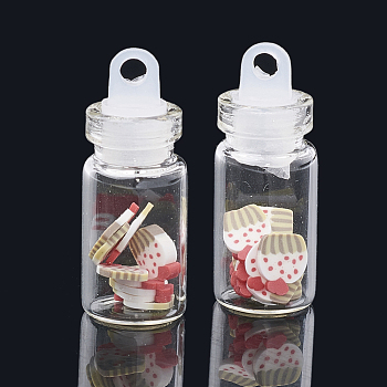 Handmade Polymer Clay Nail Art Decoration Accessories, with Glass Wishing Bottle and CCB Plastic Bottle Stopper, Cake, Red, 5.5~7x4~6x0.1~1mm, bottle: 27.5x11mm, hole: 3mm