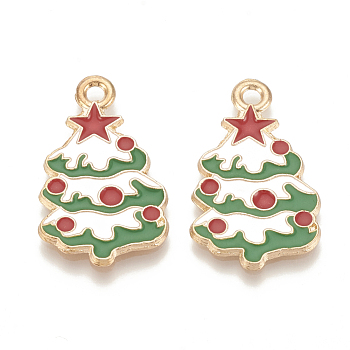 Alloy Enamel Pendants, Cadmium Free & Lead Free, Christmas Trees, Light Gold, Creamy White, 30x17.5x1.5mm, Hole: 2mm