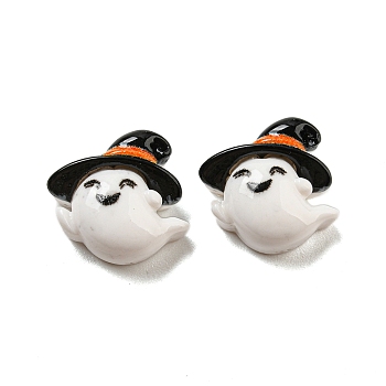 Halloween Theme Resin Decoden Cabochons, White, Ghost with Black Witch Hat, 13x15x6.5mm