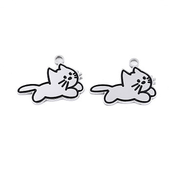 304 Stainless Steel & Enamel Pendants, Cat Shape Charms, Stainless Steel Color, 15.2x20x1.5mm, Hole: 2mm