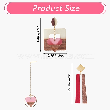 3 Pairs 3 Style Heart & Trapezoid & Square Resin & Walnut Wood Dangle Stud Earring(EJEW-SW00014-01)-2