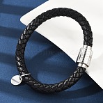 Braided Microfiber Leather Cord Bracelets, 304 Stainless Steel Column with Cross Bracelets for Women Men, with Bayonet Clasps, Black, 8-7/8x1/4 inch(22.5x0.8~1.25cm)(BJEW-D304-13P-02)