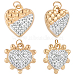 6Pcs 2 Styles 304 Stainless Steel and Handmade Polymer Clay Crystal Rhinestone Pendants, Heart, with Jump Ring, Ion Plating(IP), Real 18K Gold Plated, Crystal, 14~15x13~15.5x2.5~3mm, Hole: 2.8mm, 3pcs/style (STAS-BBC0009-30)