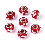 Handmade Lampwork European Beads, Bumpy Lampwork, with Platinum Brass Double Cores, Large Hole Beads, Rondelle with Flower, Red, 16x14x10.5mm, Hole: 5mm(LAMP-Q029-03A)