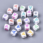 Opaque White Acrylic Beads, with Enamel, Horizontal Hole, Cube with Mixed Color Letter, Letter.A, 6x6x6mm, Hole: 3mm, about 2900pcs/500g(SACR-R252-02A)