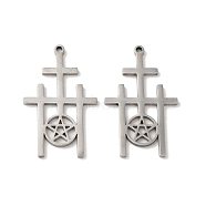 304 Stainless Steel Pendant, Triple Cross with Star Charm, Stainless Steel Color, 30x18.5x1.5mm, Hole: 1.4mm(STAS-H212-15P)