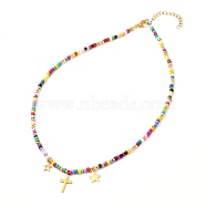 Glass Seed Beaded Necklaces, Star & Cross Charms Necklace, Golden, Colorful, 15.35 inch(39cm)(NJEW-JN03723)