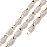 Rack Plating Brass Satellite Chains, with Plastic Pearl Oval Beaded, Soldered, with Card Paper, Golden, 6x3mm(CHC-C026-07)