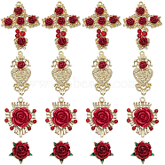 24Pcs 4 Styles Alloy Rhinestone Pendants, Cross with Rose Flower Charms, Light Gold, 18~36.5x15~28.5x4~8.5mm, Hole: 1.6~2mm, 6pcs/style(FIND-SC0005-71)