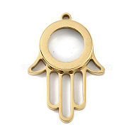 Ion Plating(IP) 304 Stainless Stee Locket Pendants, with Glass, Hamsa Hand Charm, Real 18K Gold Plated, 41x28x6mm, Hole: 2.2mm(STAS-S132-11G-01)