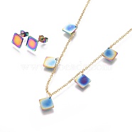 304 Stainless Steel Jewelry Sets, Cable Chains Pendant Necklaces and Stud Earrings, with Ear Nuts/Earring Back, Rhombus, Rainbow Color, 16.6 inch(42.2cm), 1.5mm, Diagonal Length: 10.5x10.5x1mm, Side Length: 7.5x7.5x1mm, Pin: 0.7mm(SJEW-F210-03G)