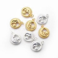 Brass Pendants, with Micro Pave Cubic Zirconia, Long-Lasting Plated, Flat Round with Moon & Sun, Clear, Mixed Color, 23x19.5x5mm, Hole: 3mm(KK-F783-03)