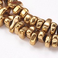 Electroplated Non-magnetic Synthetic Hematite Beads Strands, Nuggets, Golden Plated, 4~6x5~12x3mm, Hole: 0.7mm, about 100pcs/strand, 15.7 inch(40cm)(G-P367-G06)