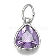 304 Stainless Steel Cubic Zirconia Pendant, Triangle, Stainless Steel Color, Plum, 12.5x9.5x5mm, Hole: 5mm(ZIRC-P080-B01)
