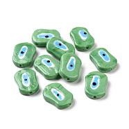 Handmade Evil Eye Lampwork Beads, Oval, Green, 18x25x5mm, Hole: 1.6mm(LAMP-G143-03G)