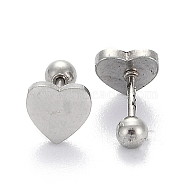 201 Stainless Steel Barbell Cartilage Earrings, Screw Back Earrings, with 304 Stainless Steel Pins, Heart, Stainless Steel Color, 8x8x2mm, Pin: 1mm(EJEW-R147-41)