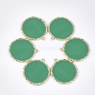 Epoxy Resin Pendants, with Alloy Findings, Flat Round, Light Gold, Medium Sea Green, 36x33x2.5mm, Hole: 1.8mm(X-PALLOY-T070-02A)