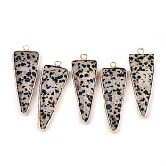Natural Dalmatian Jasper Pointed Pendants, with Light Gold Plated Brass Edge and Loop, Triangle, Faceted, 45.5x16.5x6~7mm, Hole: 2.5mm(G-N326-56C)