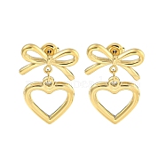 Ion Plating(IP) 304 Stainless Steel Stud Earrings for Women, Heart with Bowknot, Real 14K Gold Plated, 28x19mm(EJEW-A108-05G)