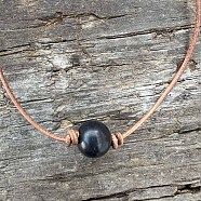 Natural Black Onyx(Dyed & Heated) Round Ball Pendant Genuine Leather Handmade Necklace Simple Elegant Jewelry(IU3089-5)