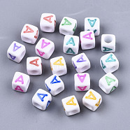Opaque White Acrylic Beads, with Enamel, Horizontal Hole, Cube with Mixed Color Letter, Letter.A, 6x6x6mm, Hole: 3mm, about 2900pcs/500g(SACR-R252-02A)