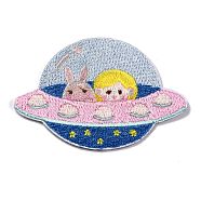 Computerized Embroidery Cloth Self Adhesive Patches, Stick On Patch, Costume Accessories, Appliques, Planet with Rabbit & Girl, Colorful, 42x62x1.5mm(DIY-G031-04J)