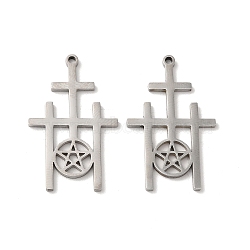 Non-Tarnish 304 Stainless Steel Pendant, Triple Cross with Star Charm, Stainless Steel Color, 30x18.5x1.5mm, Hole: 1.4mm(STAS-H212-15P)